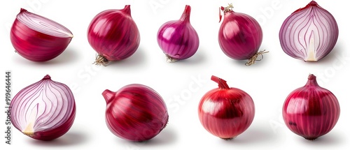  A red onion cluster on a white surface against a white backdrop