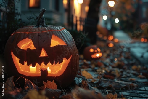 candle light pumpkin on stree with dry leaves photo