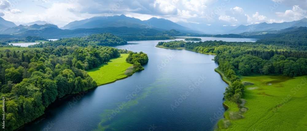A bird's-eye perspective of a tranquil lake nestled among mountains, encircled by verdant grass Sky above is a clear blue, dotted with fl A bird's-eye perspective of a tranquil lake nestled among mountains, encircled by verdant grass Sky above is a clear blue, dotted with fl