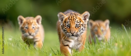  Group of young tiger cubs galloping through a lush, emerald grassfield, gazing curiously at the camera