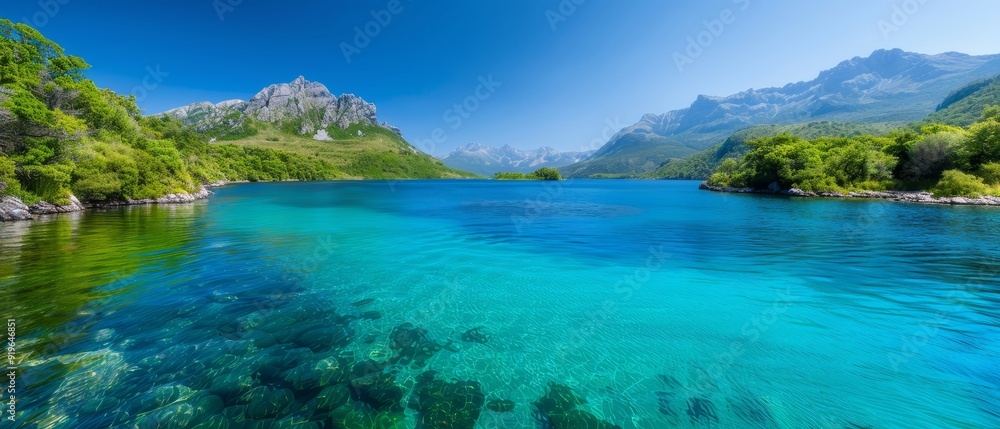 A tranquil body of water, surrounded by verdant mountains, features crystal-clear, blue waters and a distant mountain range A tranquil body of water, surrounded by verdant mountains, features crystal-clear, blue waters and a distant mountain range
