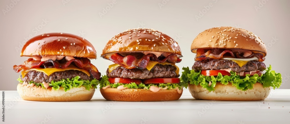 Three cheeseburgers with bacon, lettuce, tomato, and two lettuce leaves on a white surface Three cheeseburgers with bacon, lettuce, tomato, and two lettuce leaves on a white surface