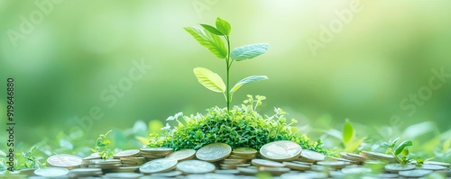 A green finance initiatives scene with a lush green garden growing out of a pile of coins