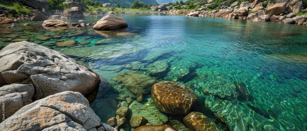 Tranquil mountain lake with crystal clear water and large rocks. Tranquil mountain lake with crystal clear water and large rocks.