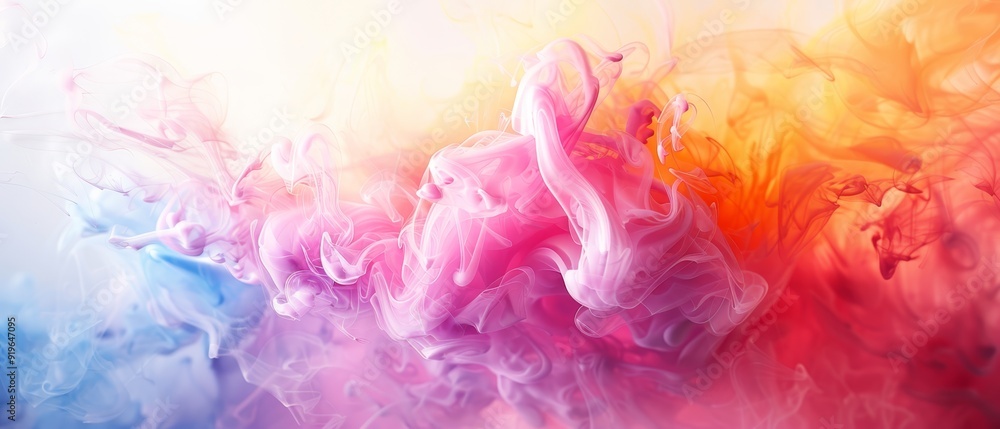 A blend of colorful smoke against a backdrop of blue, yellow, pink, and orange, with a white center prominently displayed A blend of colorful smoke against a backdrop of blue, yellow, pink, and orange, with a white center prominently displayed