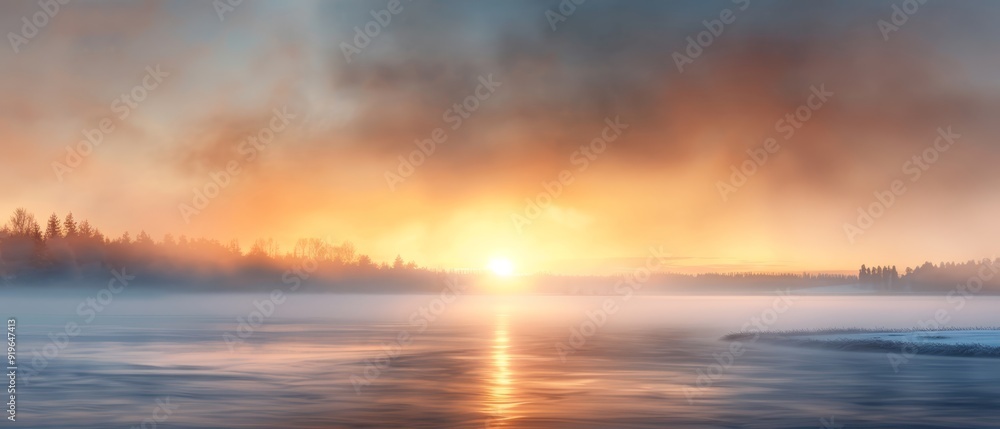 Sun descending, trees in backdrop, foggy atmosphere Sun descending, trees in backdrop, foggy atmosphere