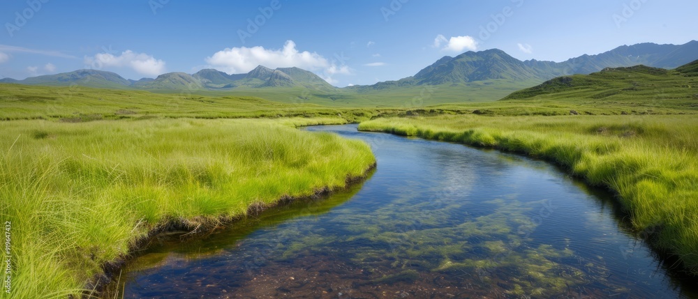 A small, verdant stream winds through a lush green field, bordering a verdant mountain crowned with emerald grass and a cerulean sky sprinkled with wispy clouds A small, verdant stream winds through a lush green field, bordering a verdant mountain crowned with emerald grass and a cerulean sky sprinkled with wispy clouds