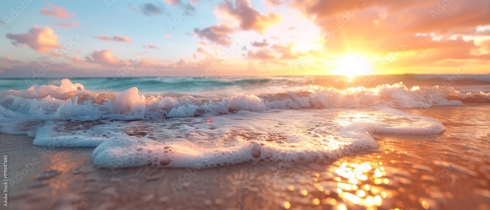 The sun sets over the ocean, waves crash ashore, mirroring the sun in the water The sun sets over the ocean, waves crash ashore, mirroring the sun in the water