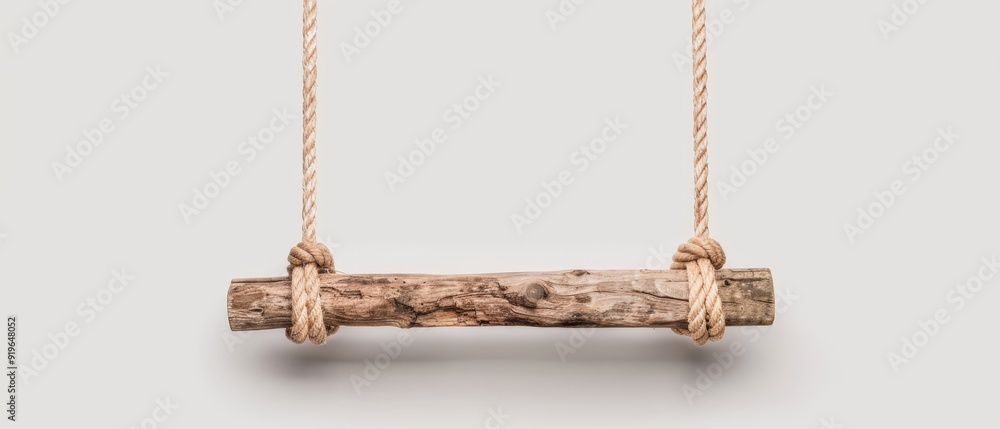 A piece of driftwood suspended from a rope against a gray backdrop with a white wall in the background A piece of driftwood suspended from a rope against a gray backdrop with a white wall in the background