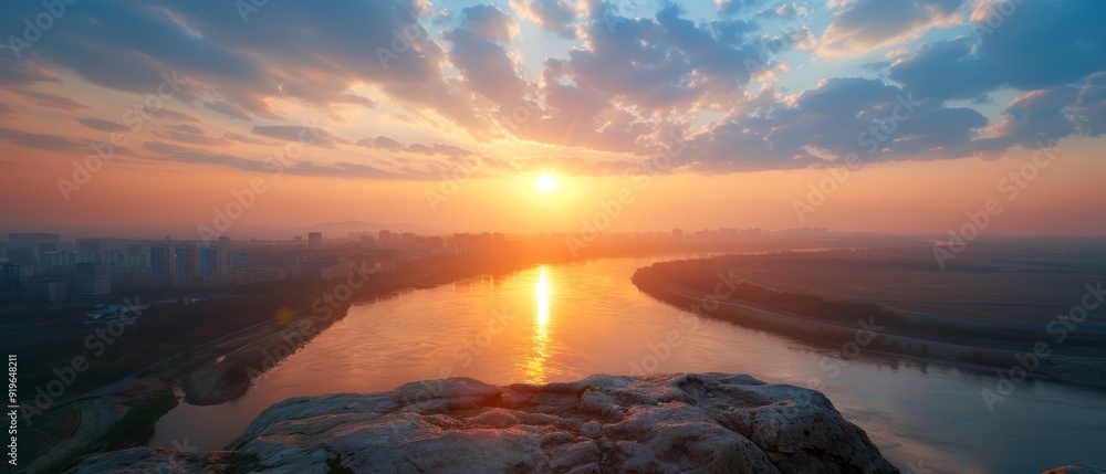 The sun sets over a body of water, featuring a large foreground rock and a city in the backdrop The sun sets over a body of water, featuring a large foreground rock and a city in the backdrop