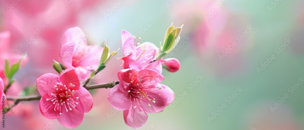 A tight shot of a pink flower on a branch, surrounded by green leaves Background features indistinct pink blooms A tight shot of a pink flower on a branch, surrounded by green leaves Background features indistinct pink blooms