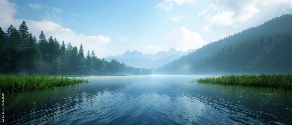 Surrounded by green trees, a large body of water reflects a blue sky dotted with a few white clouds in the distance Surrounded by green trees, a large body of water reflects a blue sky dotted with a few white clouds in the distance