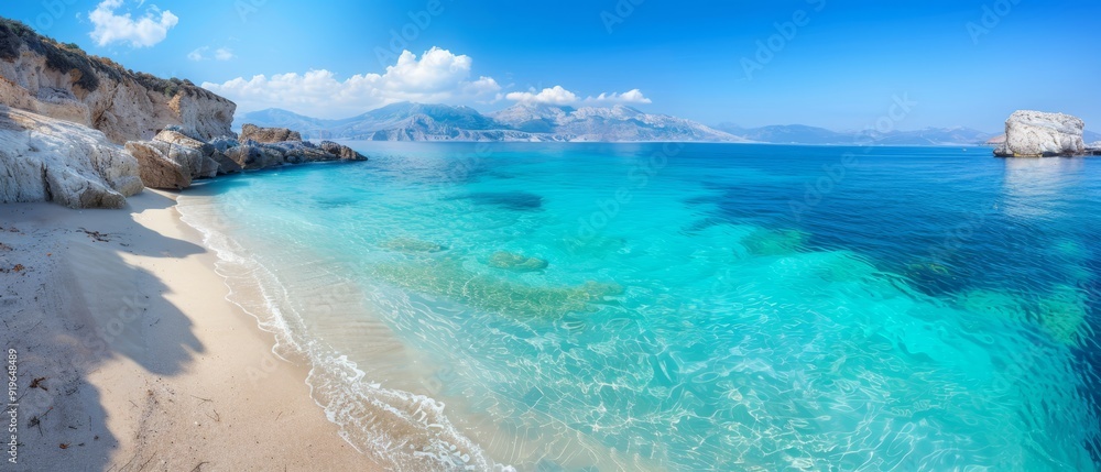 Fototapeta premium A beach scene featuring crystal-clear, blue water and a rocky outcropping beyond