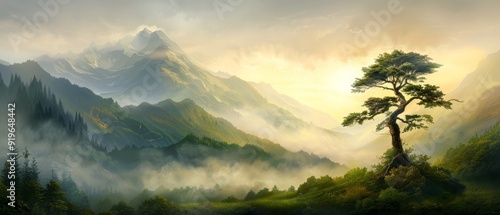  A mountain scene painting with a tree in the foreground and a foggy sky behind it