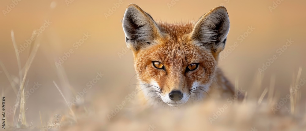 A tight shot of a fox's face, with grass in the foreground and a soft, indistinct sky in the background A tight shot of a fox's face, with grass in the foreground and a soft, indistinct sky in the background