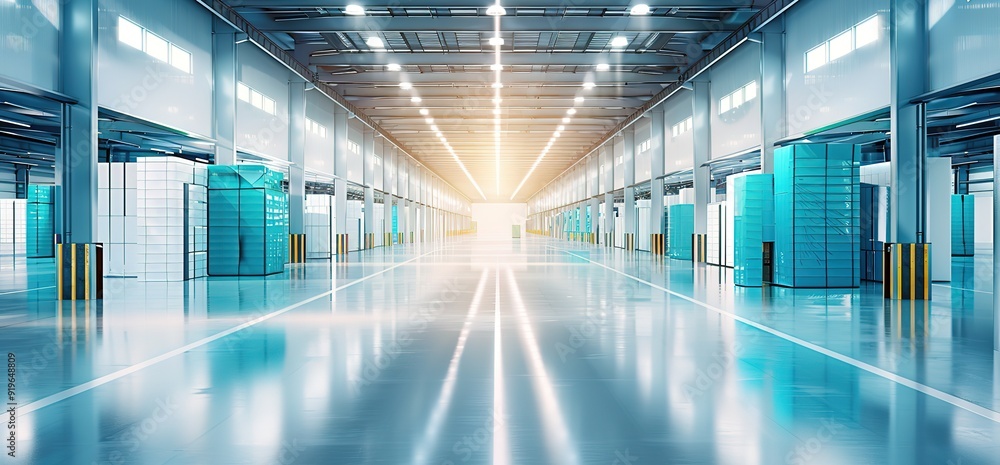 Empty industrial warehouse with bright lighting and large machinery. Concept of industry, manufacturing, technology, and automation. Empty industrial warehouse with bright lighting and large machinery. Concept of industry, manufacturing, technology, and automation.