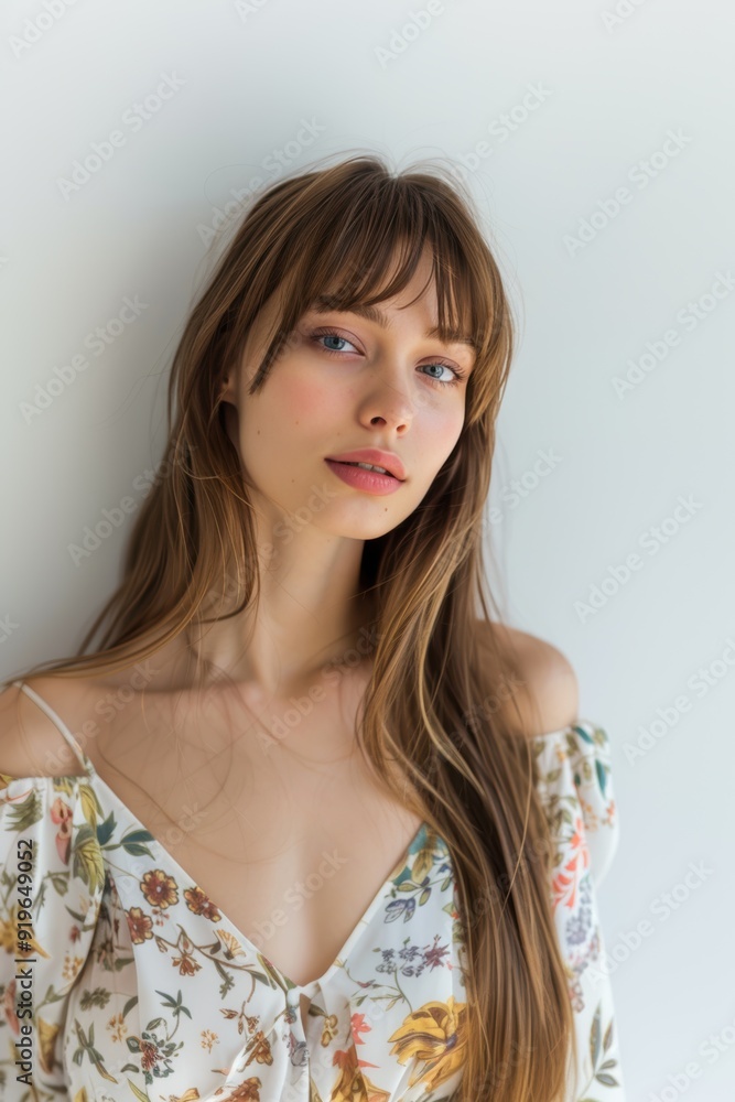 Soft Portrait of Young Woman in Light Floral Top. Generative AI. Soft Portrait of Young Woman in Light Floral Top. Generative AI.
