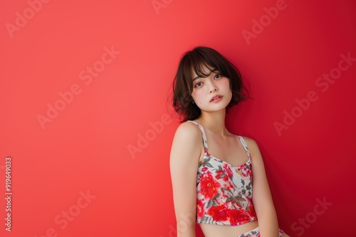 Stylish Young Woman Against Vibrant Red Background. Generative AI.
