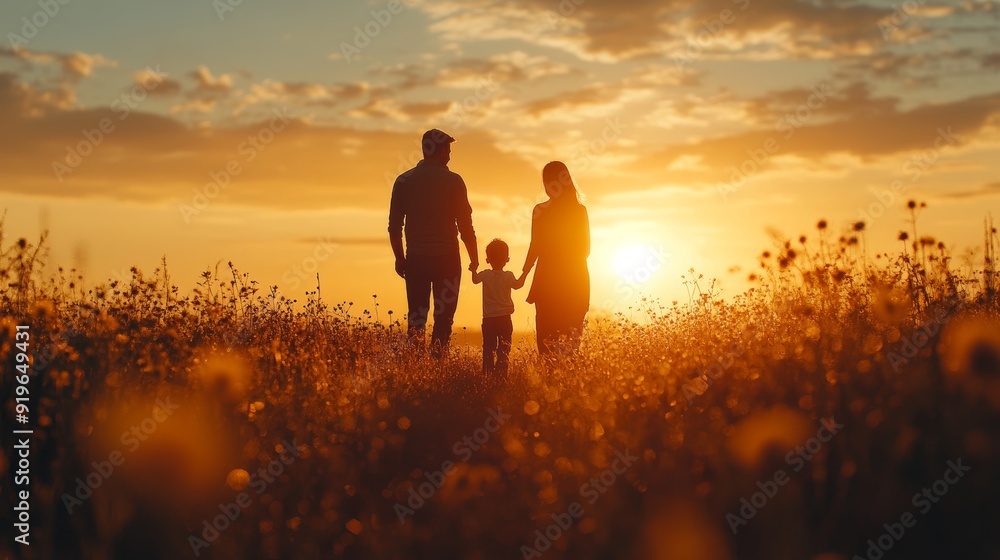 A loving family walks together in a sunlit field, enjoying nature and creating lasting memories against a beautiful sunset.