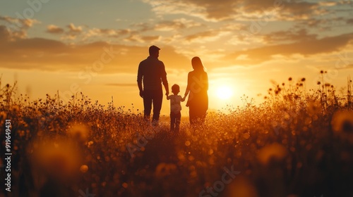 Obraz na płótnie A loving family walks together in a sunlit field, enjoying nature and creating lasting memories against a beautiful sunset. w salonie