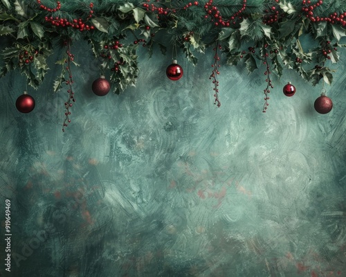 Holiday decoration with green background and red ornaments hanging from foliage