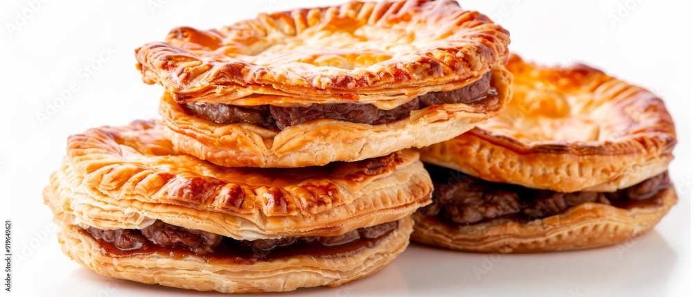 A stack of pastries aligned on a white table A stack of pastries aligned on a white table