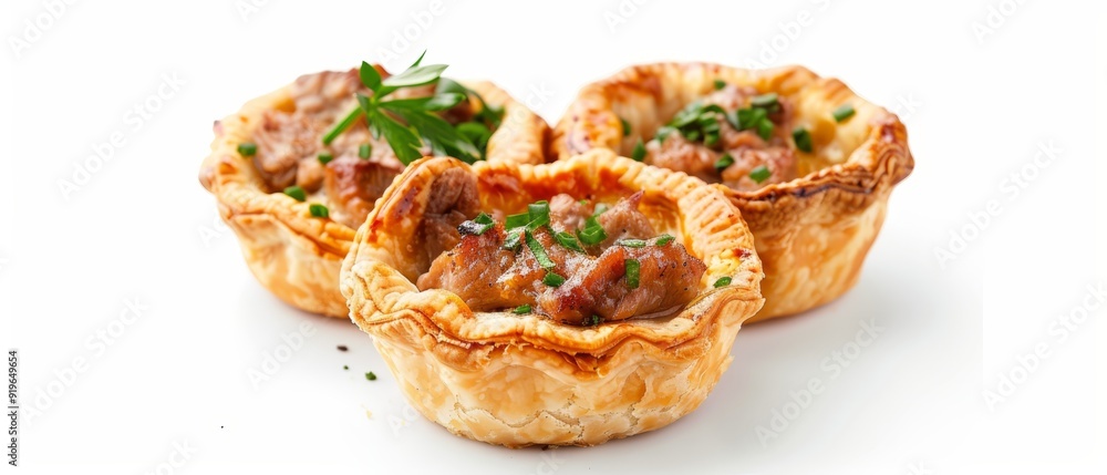 A tight shot of three small pastry pieces, filled with meat and veggies, against a pristine white backdrop Parsley spring garnishes one A tight shot of three small pastry pieces, filled with meat and veggies, against a pristine white backdrop Parsley spring garnishes one