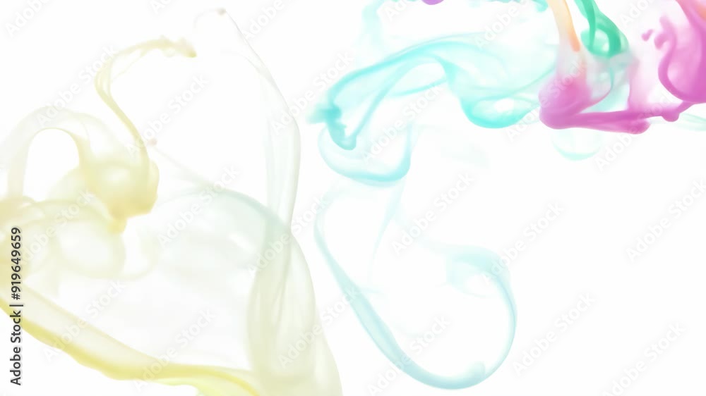 Colorful Ink paint drops in water, white background. Flowing and splashing in liquid. Abstract motion background, backdrop. Slow motion 3D animation. Mixing pastel colors Colorful Ink paint drops in water, white background. Flowing and splashing in liquid. Abstract motion background, backdrop. Slow motion 3D animation. Mixing pastel colors