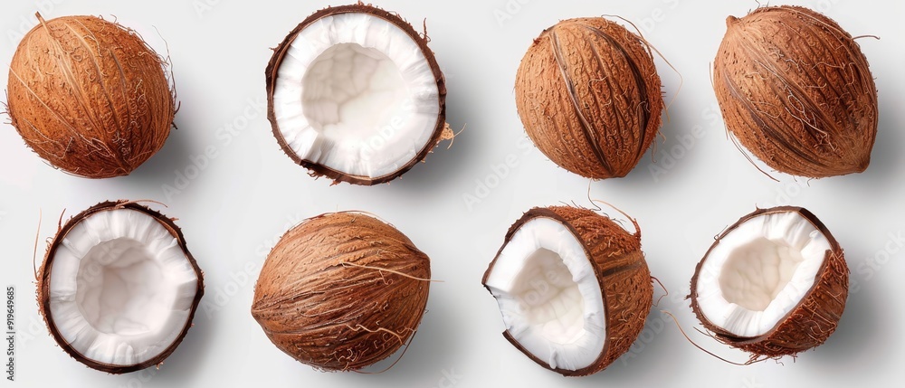 A group of coconuts arranged on a white surface One is split in two, revealing its interior A group of coconuts arranged on a white surface One is split in two, revealing its interior