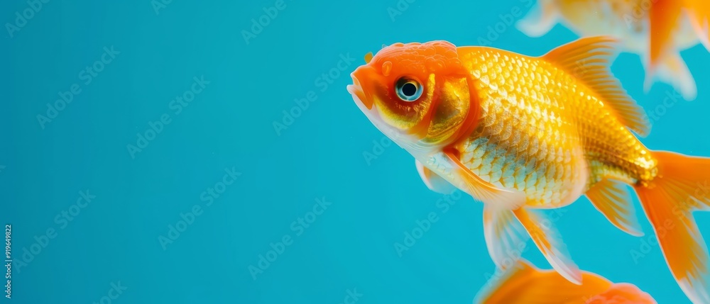 A tight shot of goldfish swimming in a turquoise tank, surrounded by a blue sky background A tight shot of goldfish swimming in a turquoise tank, surrounded by a blue sky background