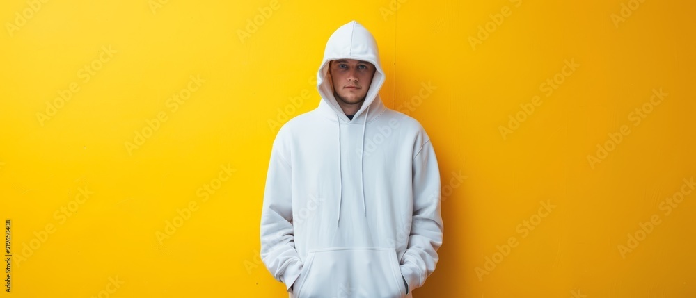 A man in a white hoodie stands before a yellow wall, hands tucked into pockets A man in a white hoodie stands before a yellow wall, hands tucked into pockets