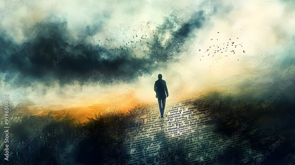 Fototapeta premium A figure walking on a path made of positive words and affirmations, while dark clouds of negative thoughts dissipate in the background.