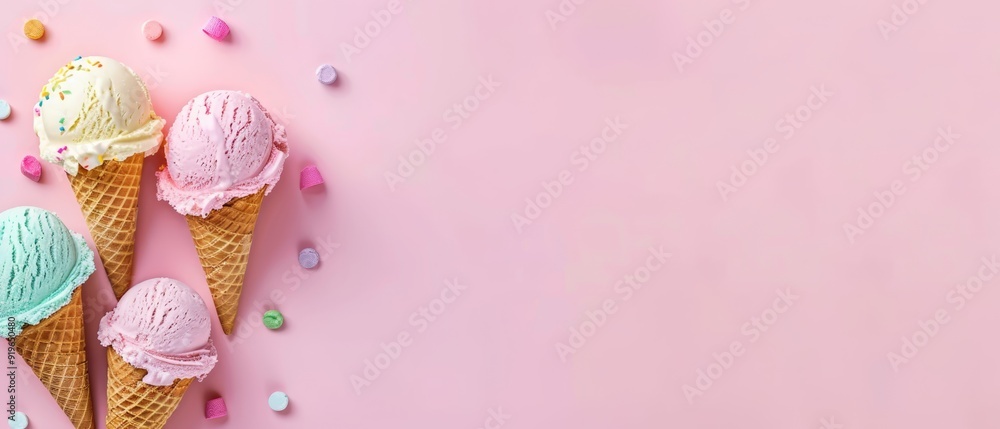 Three ice cream cones, each adorned with sprinkles, against a pink backdrop filled with confetti and more sprinkles Three ice cream cones, each adorned with sprinkles, against a pink backdrop filled with confetti and more sprinkles
