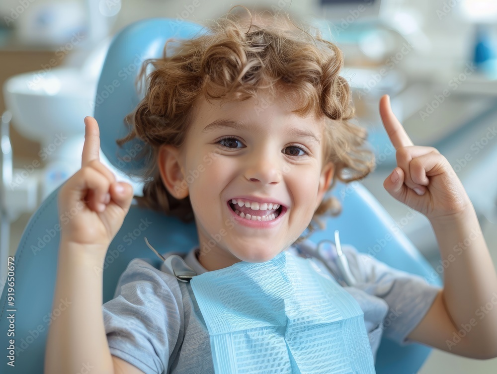 A young boy smiles and points up while sitting in the dentist's chair. A young boy smiles and points up while sitting in the dentist's chair.