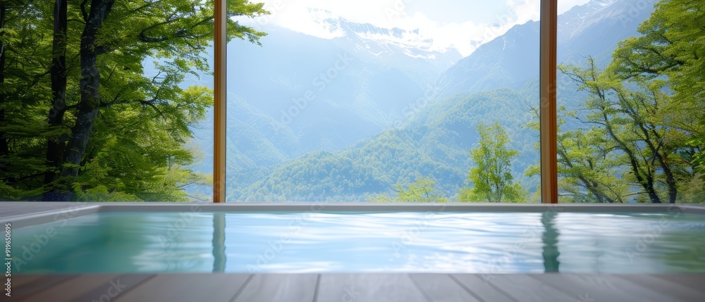 Fototapeta premium A pool featuring a mountain range view, with a foreground pool showcasing a mountain range backdrop