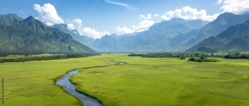 Fototapeta premium A bird's-eye perspective of a serene river winding through a verdant valley, encompassed by mountains and adorned with clouds in the sky