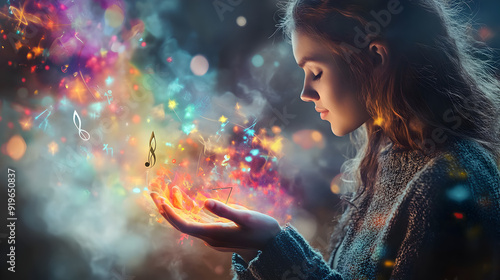 A person playing music with notes that turn into colors and shapes around them, showing the therapeutic power of music on mental health.


