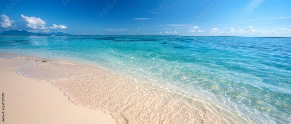 A clear blue beach with white sand shoreline and a blue sky background A clear blue beach with white sand shoreline and a blue sky background