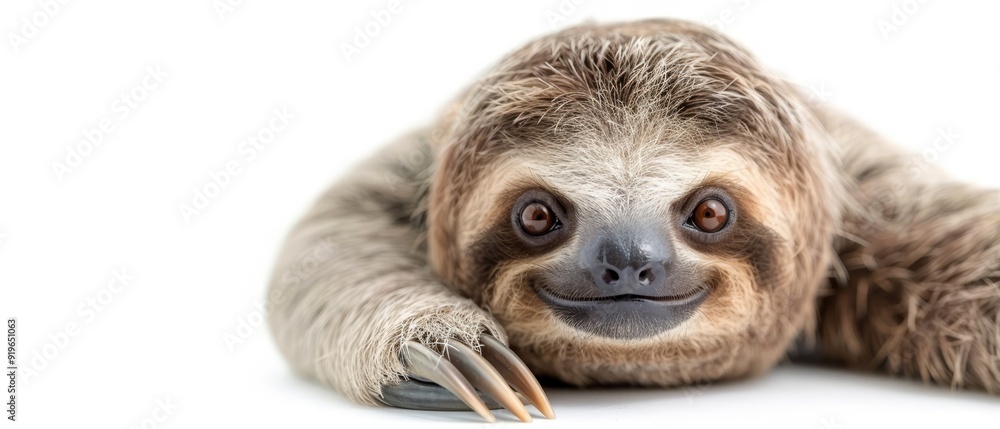 A tight shot of a sloth reversed on its back, holding a fork in its mouth against a pristine white background A tight shot of a sloth reversed on its back, holding a fork in its mouth against a pristine white background