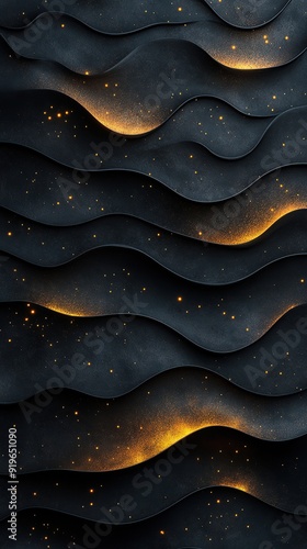 Black waves and golden light with lots of sparkles. Beautiful and smooth abstract background.