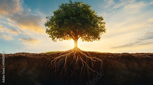 A tree with deep roots in the ground representing trauma and past experiences, while the branches reach for the sky seeking healing and growth.


 photo