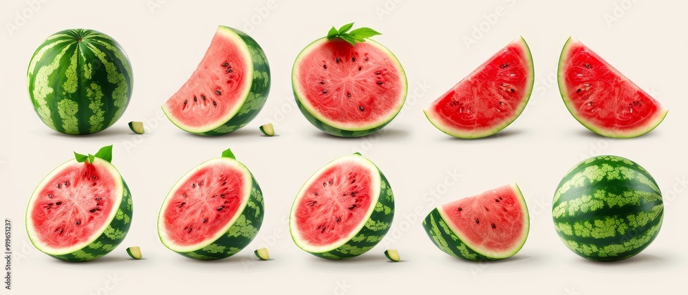 A collection of watermelon slices and an intact watermelon against a white backdrop, garnished with a green leaf A collection of watermelon slices and an intact watermelon against a white backdrop, garnished with a green leaf