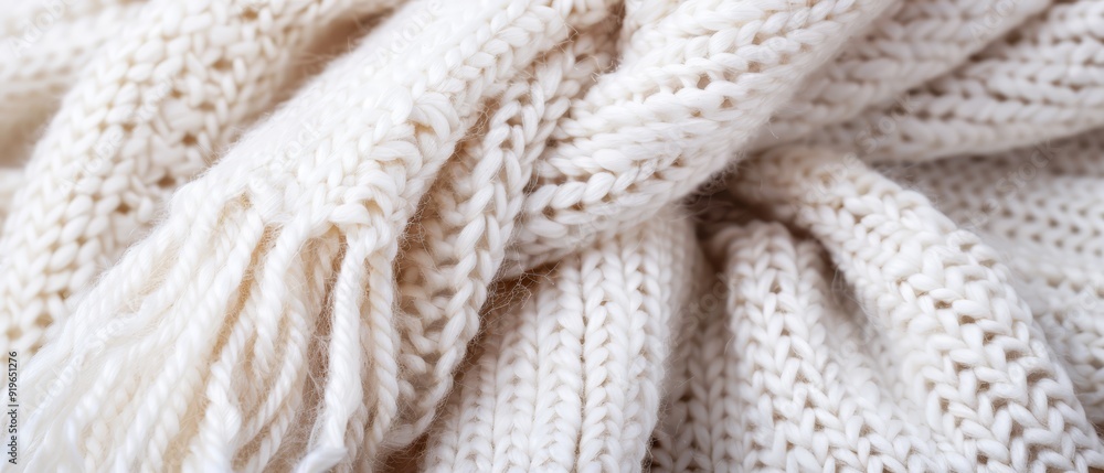 A tight shot of a white knitted blanket, showcasing a tassel of yarn at its end A tight shot of a white knitted blanket, showcasing a tassel of yarn at its end