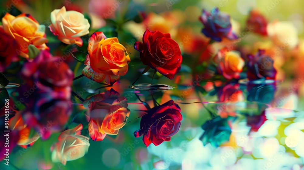 An artistic arrangement of multicolored roses floating on a mirror-like surface, creating a vibrant kaleidoscope effect. An artistic arrangement of multicolored roses floating on a mirror-like surface, creating a vibrant kaleidoscope effect.