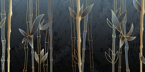 Luxury watercolor art background with golden bamboo leaves in line art style. Hand drawn Botanical abstract blue banner for decoration, print, wallpaper, textile, interior design.