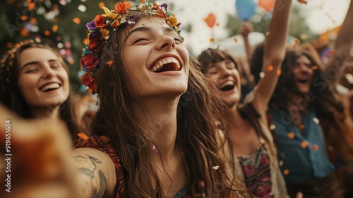 A joyful group celebrates together at a festival surrounded by confetti and colorful decorations in the summer sunshine