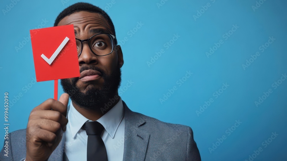 A businessman, with a resigned expression, holds up a red fail tick, embodying the challenges of the corporate world