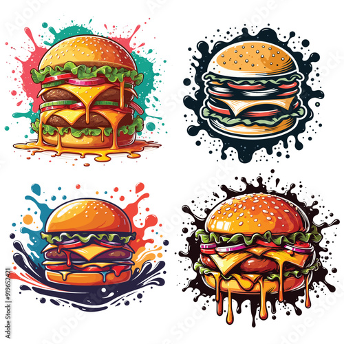 Colorful cartoon burgers dripping with cheese against white background, food advertisement