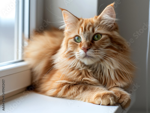 An orange tabby cat resting on a windowsill, bathed in soft natural light, showcasing a serene moment of contentment