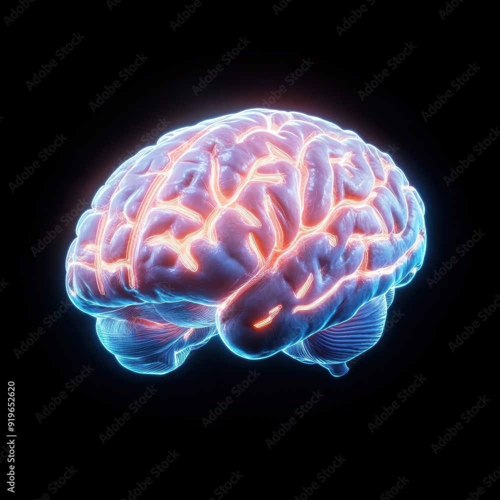 A vibrant, glowing 3D representation of a human brain against a dark background, symbolizing intelligence and creativity. A vibrant, glowing 3D representation of a human brain against a dark background, symbolizing intelligence and creativity.